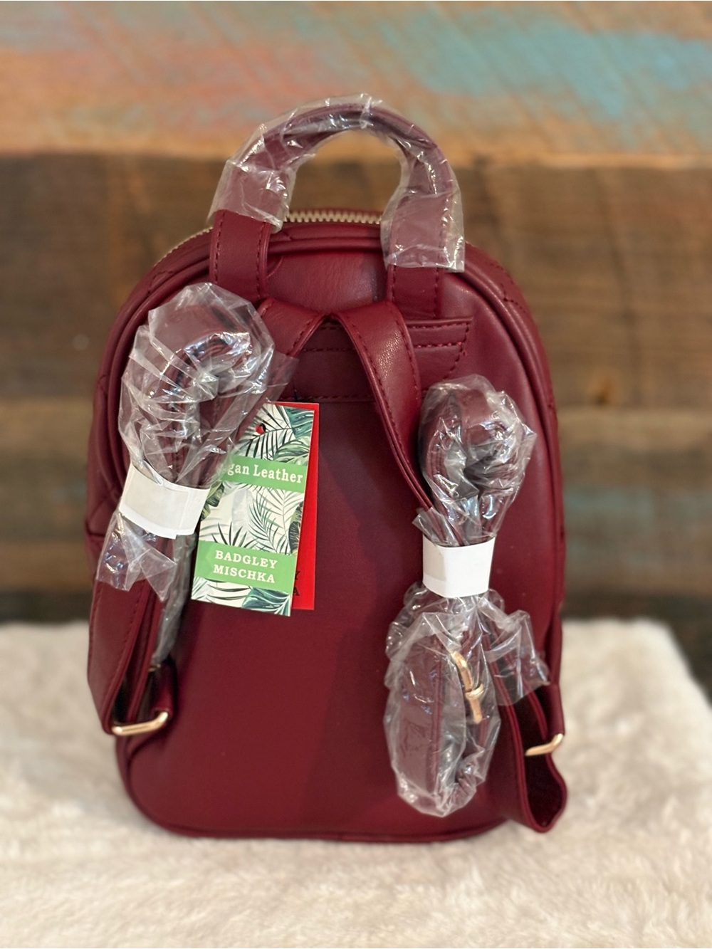 Badgley Mischka Quilted Burgundy Mini Backpack with Gold Hardware - Picture 3 of 7